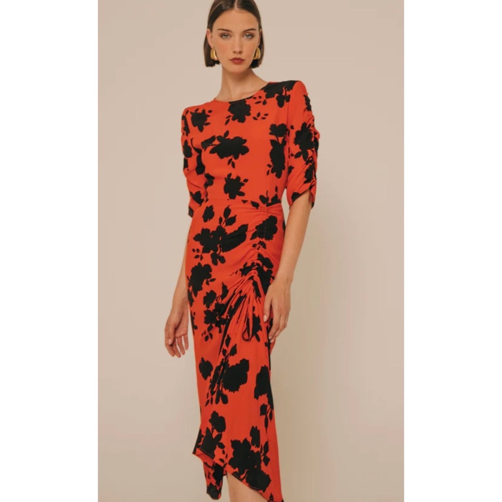 CHERUBINA | Red Black Floral Printed Ruched Midi Dress